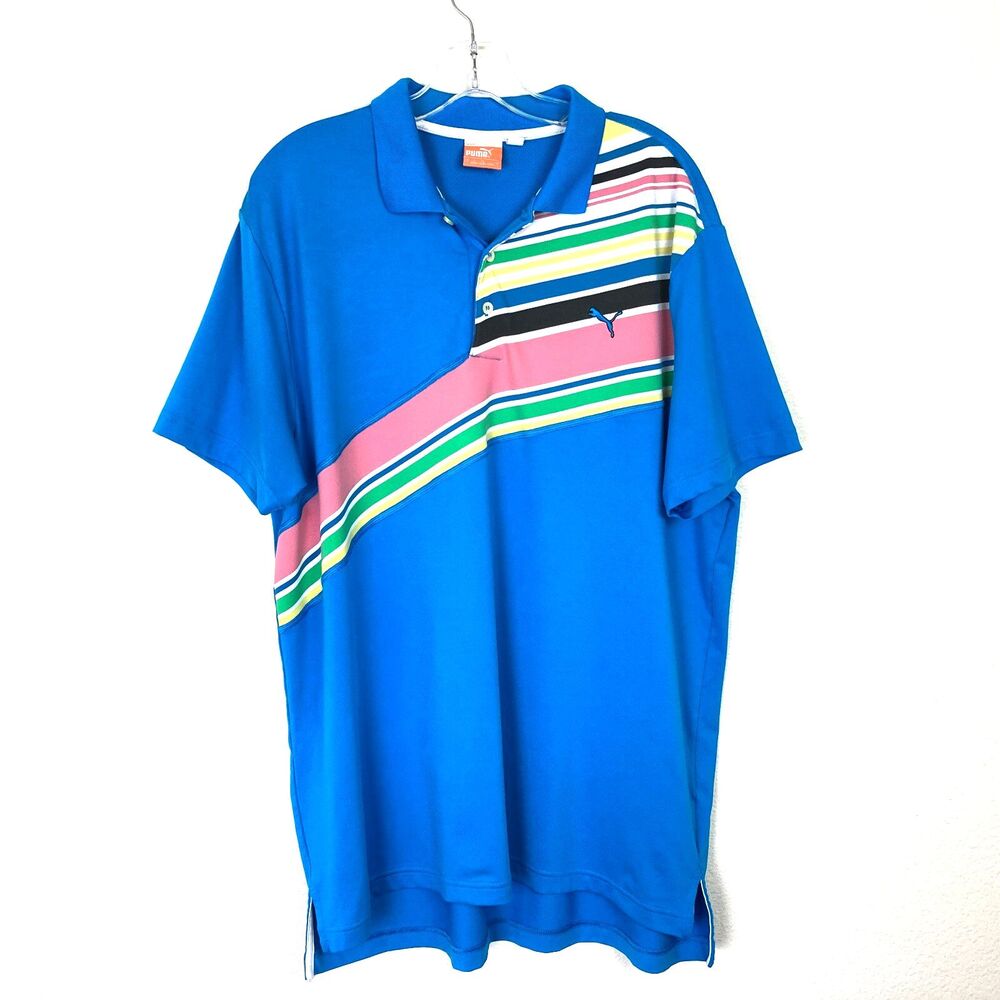 PUMA Polo Golf Shirt Striped Men's Size L Blue Stretch